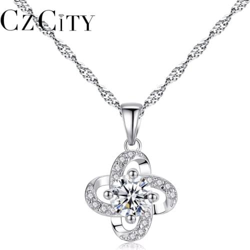 CZCITY Office Lady Miss Genuine 925 Sterling Silver Chain Necklace Birthday Party Flower Silver Pendant Necklace Fine Jewelry