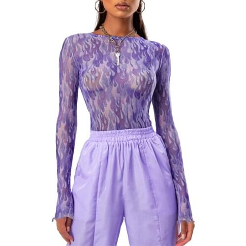 Hot Sale Flame Print Womens Mesh Yarn Slim Top Long Sleeve Round Neck T-Shirt Fashion Casual Close-Fitting Shirt for Streetwear