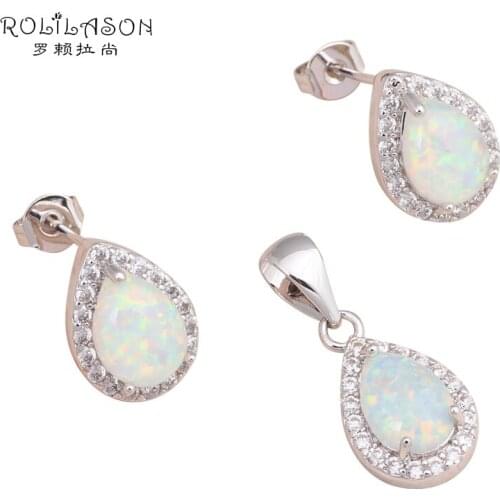 Gorgeous Set for Women Brand White Fire Opal Stamped Silver Stamped Shining Zircon Fashion jewelry set Earrings Pendant OS027