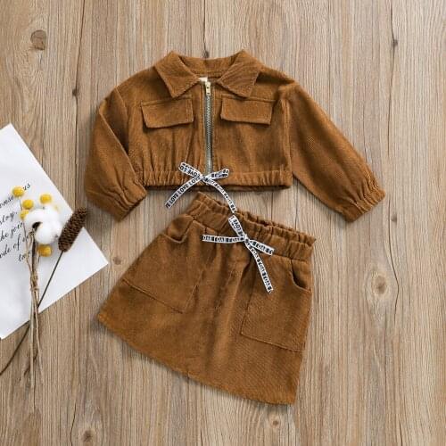 Toddler Baby Girls Corduroy Short Skirt Set Long Sleeve Lapel Zipper Coat + Mini Skirt With Pocket Infant Kids Fashion Clothing