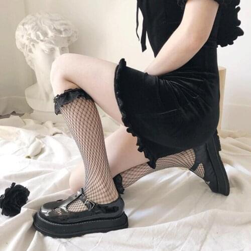 Spring Lolita Fishnet Stocking Women Harajuku Gothic Socks Summer Sexy White Mesh Knee Thigh High Basic Long Socks PJ254