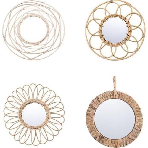 Hot Sale Rattan Innovative Art Decoration Round Makeup Mirror Dressing Bedroom Bathroom Wall Hanging Mirrors Craft Photo Props