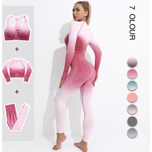 Ombre Women Yoga Set Seamless Leggings Long Sleeve Crop Top Sports Bra Running Pants Gym Clothing Fitness Workout Sports Suit