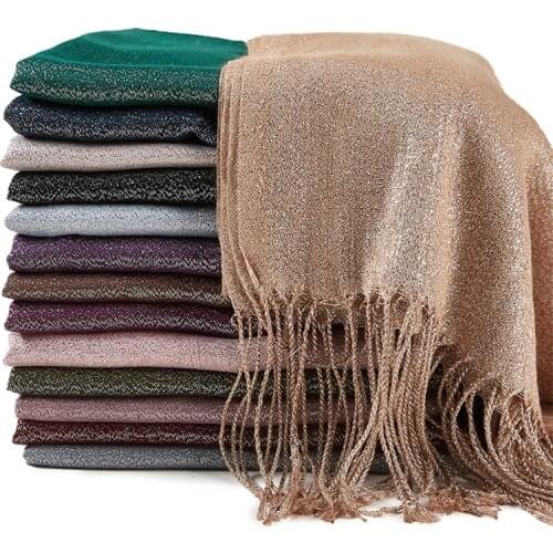 Women Scarf Soild Shimmer With Tassel Muslim Cotton Hijab Scarf Spring Summer Thin Pashmina Long Shawl Wrap Female Head Scarves