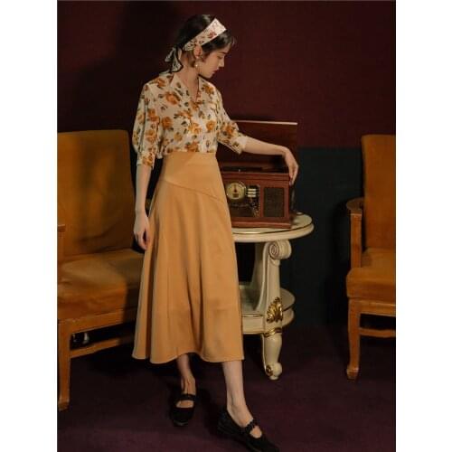 SWEETXUE 2021 Womens Fashion Vintage Elegant Two-Piece Set Sexy V-neck Floral Shirt Top + High Waist A-line Wkirt Female Suit