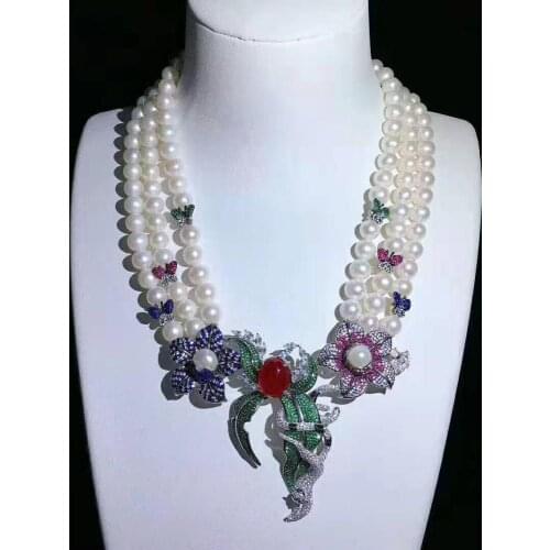 Womens 8-9mm white freshwater pearl exaggerated flower butterfly micro inlay zircon accessories sweater necklace