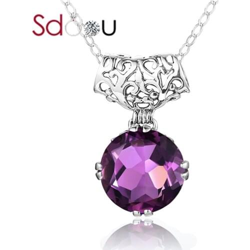 SDOOU Sterling Silver Necklace Pendant For Women Round Cut Amethyst Classic Elegant Fashion Jewelry Wedding Anniversary Gift Hot