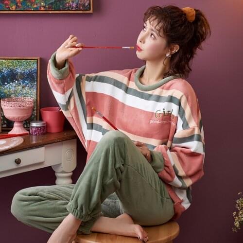 Winter Thick Warm Flannel Cute Pajamas Sets For Women Sleepwear Long Sleeves Clothing Home Wear Soft Pyjamas Set Female