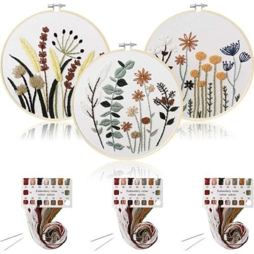 3pcs Flower Embroidery Stitch Starter Kit DIY Handmade Plant Pattern Cloth Embroidery Hoop