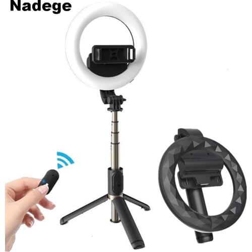 Nadege 4 in 1 Wireless Bluetooth Selfie Stick With 6inch LED Ring Photography Light Foldable Tripod Monopod for iPhone Android