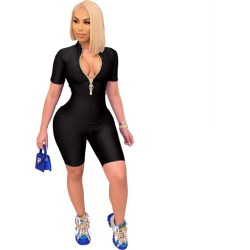 Zipper Neck Pure Color Zipper Jumpsuits Short Pants 2021 Women Fashion New Sexy Style Jumpsuits Short Sleeve Jumpsuits