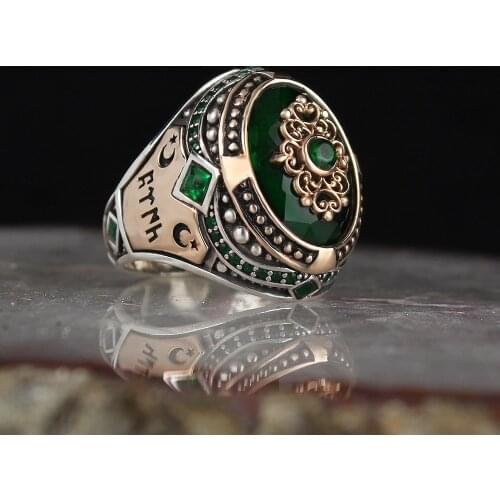 Göktürkçe Turkish Written Green Zircon 925 Sterling Mens Silver Ring