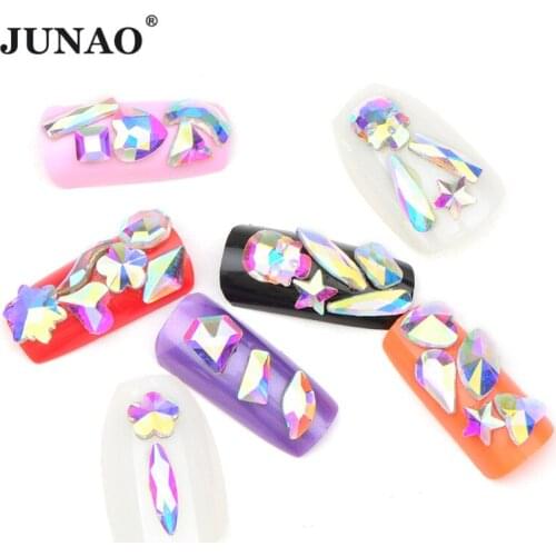 JUNAO Mixed Shape 50pcs Crystal AB 3D Glass Nail Rhinestone Teardrop Heart Flatback Strass Glass Nail Stones Gems for Decoration