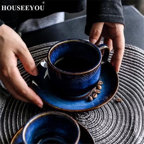 HOUSEEYOU Deep Blue Ceramic Coffee Cup Saucer Set Teacup Breakfast Cup Afternoon Tea Antique Blue Color Espresso Coffee Cup