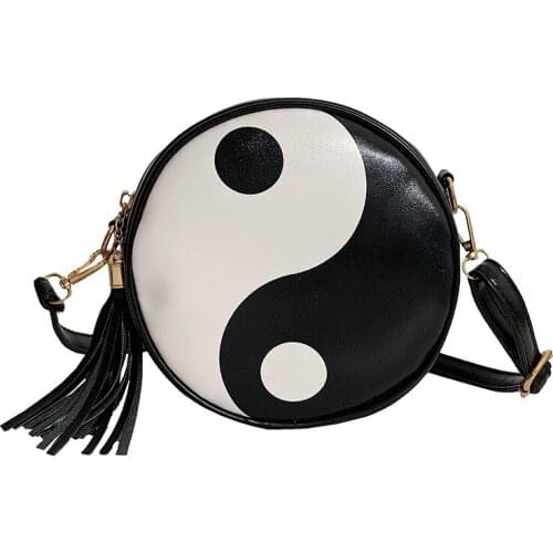 Round Crossbody Bag Women Fashion Purses and Handbags Girls Mini Black Geometric Pattern Tassel Shoulder Crossbody Bag 2021 New