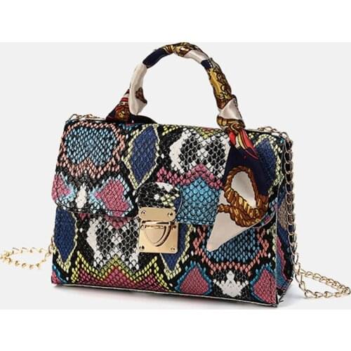 Fashion Women PU Leather Snake Pattern Printing Chain Shoulder Crossbody Messenger Bag Casual Ladies Small Top-handle Handbags