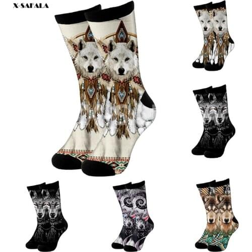 Native Indian Wolf Viking Tattoo 3D Fashion Long Cycling Casual Novelty High Socks Men Women Cotton Funny Colorful Leg Calf