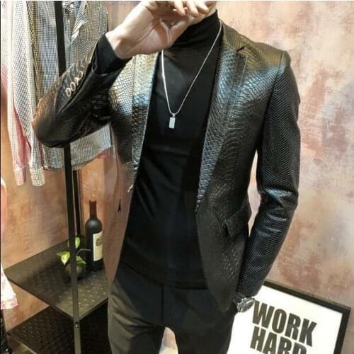 Mens Formal Real Leather Jacket Suit Blazer Casual Coat Crocodile Patterns Slim Fit Outwear Plus Size Black New 2021