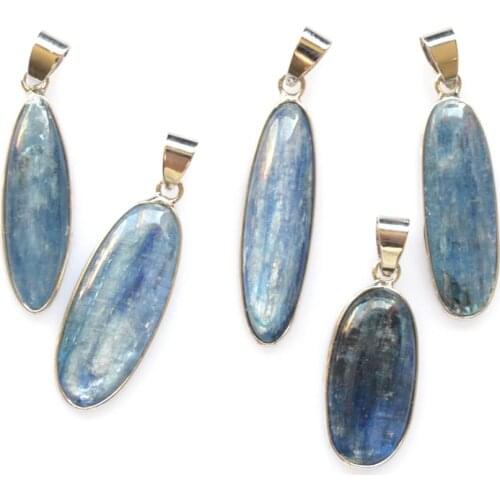 Raw Blue kyanite round shape pendant with silvery electroplated edges