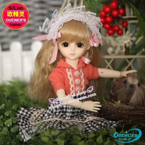 BJD SD Doll Clothes 1/6 Orange T-shirt and Black Plaid Skirt For Girl or Boy Body YF6-79 Doll Accessories