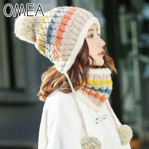 OMEA Knitted Hat Women Beanie and Scarf Outfit Winter Beanies Velvet Lining Two-piece Suit Thick Women Warmer Multicolor Pompom