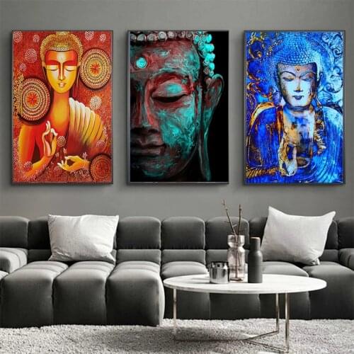 Orange Buddha Statue Religious Buddhism Art Posters and Prints Oil Painting on Canvas Wall Art Picture Living Room Decorations
