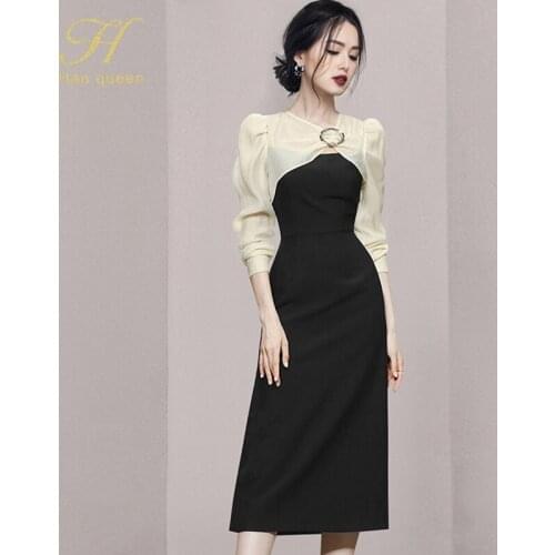 H Han Queen Autumn Elegant Patchwork Pencil Dress Women 2021 Vintage Slim Business Sheath Bodycon Dresses Office Wear Vestidos