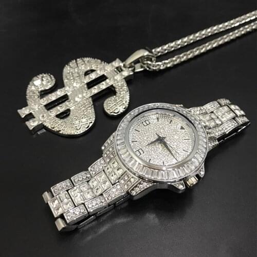 Luxury Men Silver Color Watch & Neckalce Combo Watch Set Ice Out Cuban Crystal Miami Neckalce Chain Hip Hop Cuban Watch For Men