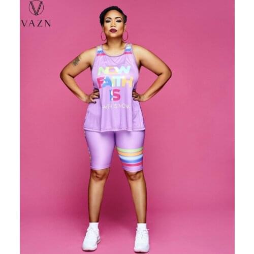 VAZN 2021 Top Quality Plus Size Regular Tracksuits Nature Young Causal Tank Sleeve Top Knee Length Slim Women 2 Piece Set