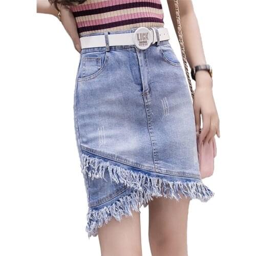 High quality Denim Skirt Women Spring Summer Tassel High waist Package hip Skirts Female Plus size Sexy Mini Jean Skirts A2815