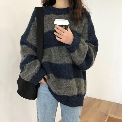 Women Sweater Knitwear Plus Size Vintage Striped Loose Pullover Streetwear Spring Autumn Knitted Female Tops 2021 Sueter Mujer