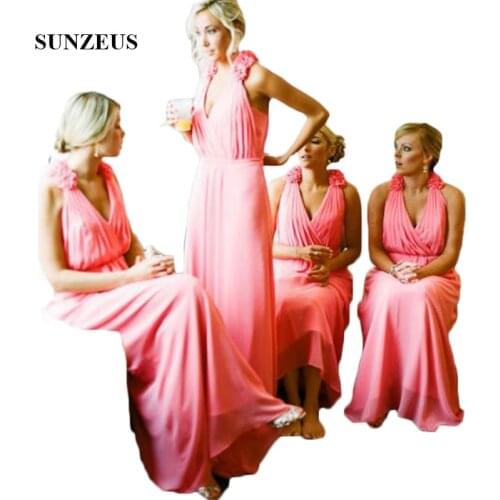 Sexy V Neck Watermelon Chiffon Long Bridesmaid Dresses Pleats Flower Attractive Coral Wedding Party Dresses abendkleider S280