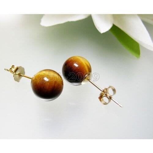 10mm Genuine Natural Yellow Tiger Eye Stone 18KGP Stud Earrings