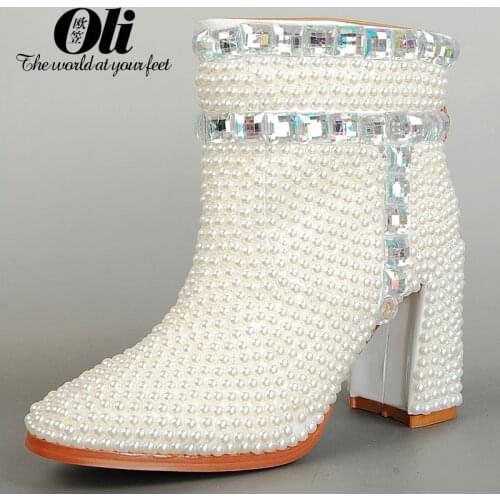 2018 genuine leather boots female rhinestone pearl high-heeled boots wedding shoes princess shoes bridal shoes