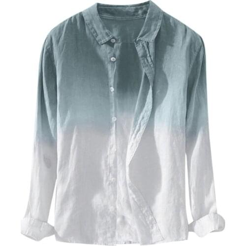 62# Mens Cool Thin Breathable Lapel Collar Hanging Dyed Gradient Linen Shirt Casual Collar Male 2021 Mens Shirt Fashion Blouse