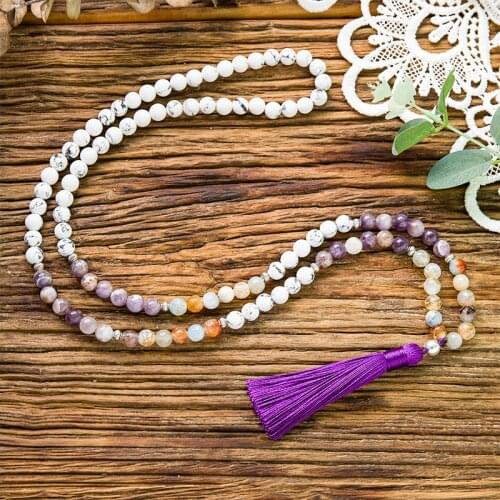 8mm Natural Amethyst Howlite Agate Beaded Necklace Meditation Yoga Blessing Jewelry 108Mala Rosary Tibetan Tassel Pendant