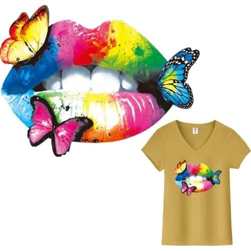 Butterfly Decor Patch Lips Fashion Heat Transfer Clothes Stickers Diy Accessory Iron On Iron-On Transfer Over Powder Stickers