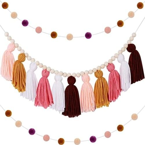 Boho Cotton Rope Wood Beads Pastel Tassel Garland Banner Hair Balls Pom Pom Garlands For Home Party Baby Shower Supplies Decor