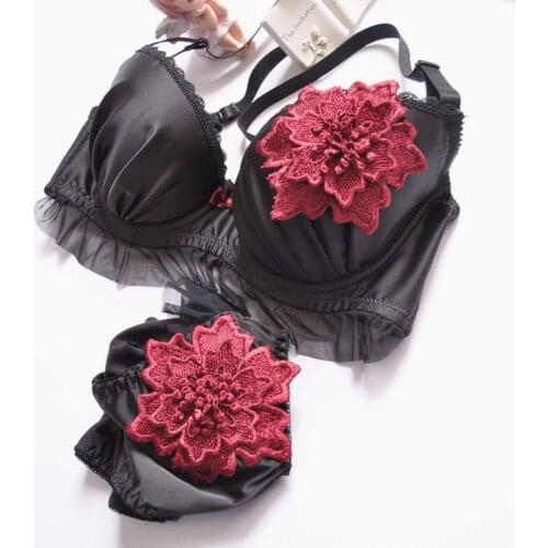 Japanese Style Push Up Bra Sets 70 75 90 85 80BCDE Smooth Brassiere Girls Panties Women Underwear Black Silk Brief Flower Big Si