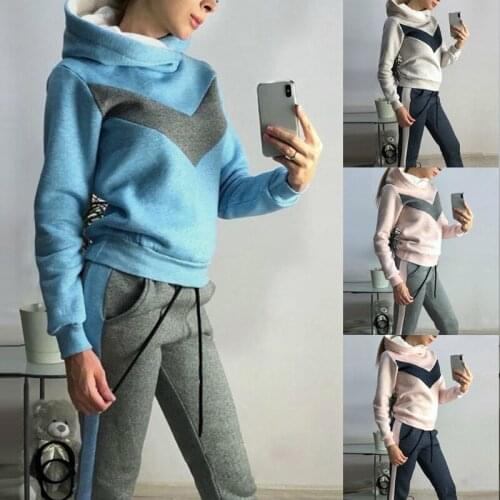 Neatie kiddie Autumn Winter Hooded Long Sleeve Sweathshirt Trousers Stitching Contrast Fleece Two-Piece Suit Women Clothes