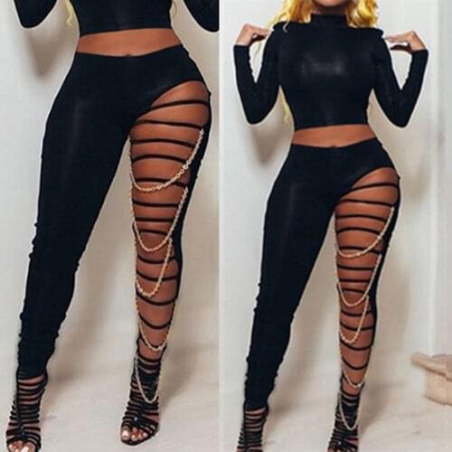 2020 Women Sexy Black Hollow Out With Chain Legging Pants Fashion Trend Slim High Waist Streetwear Hole Pencil Trousers Workout