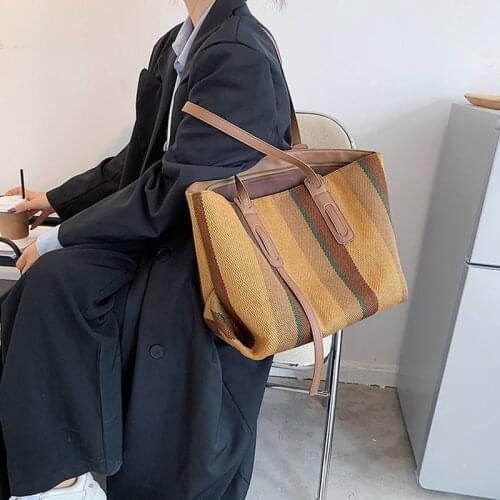 Fashion Vertical Stripes Designer Shoulder Bags For Women 2021 Casual Canvas Luxury Brand Handbags Female Large Tote Bag Shopper