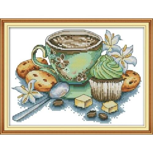 Teacup and cake 2 cross stitch kit aida 14ct 11ct count print canvas stitches embroidery DIY handmade