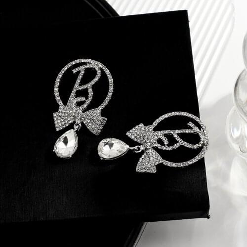 Flashbuy New Trendy Korean Crystal Shiny Bowknot Letter B Dangle Earrings for Women Full Rhinestone Earrings Jewelry