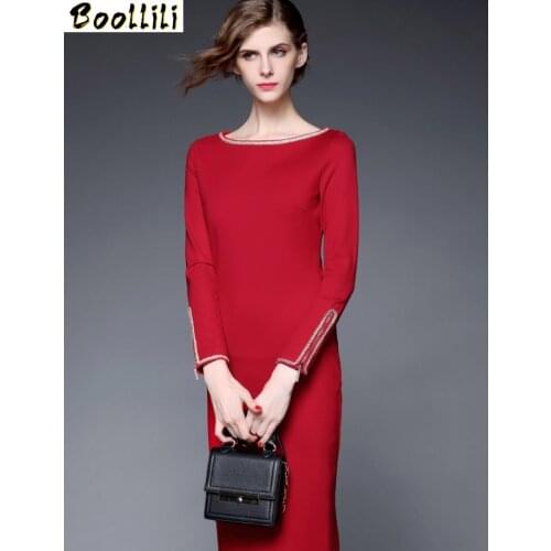 Boollili Women Spring Summer Red Office Dress Elegant Midi Korean Long Sleeve Dress for Women Bodycon Dresses 2020 Vestido Festa