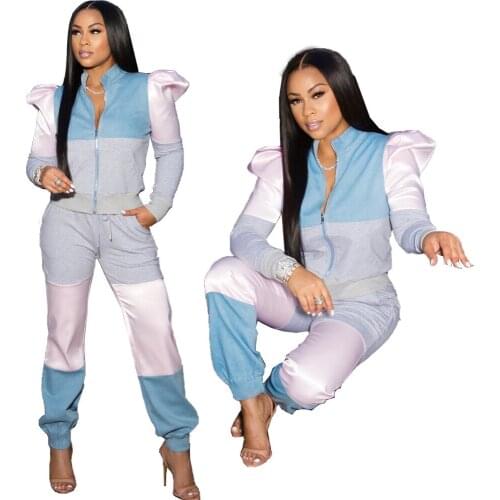 Casual Loungewear 2 Piece Tracksuit Womens Sets Color Block Long Puff Sleeve Zipper Jacket+Jogger Sweatpant Sweatshirt Outfit