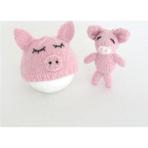 Fluffy newborn animal bonnet with stuffy toy photography props Vintage style Baby bonnet set with Crochet mohair Aids toy