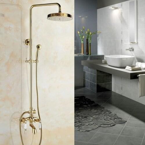 Polished Gold Color Brass 7.7" inch Round Bathroom Rain Shower Faucet Set Bathtub Mixer tap Dual Ceramics Levers agf425
