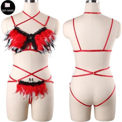 Pole Dance Red Feather Body Harness Set Lace Crop Top Harness Bra And Feather Bottom G-string Sexy Lingerie Bondage Suit