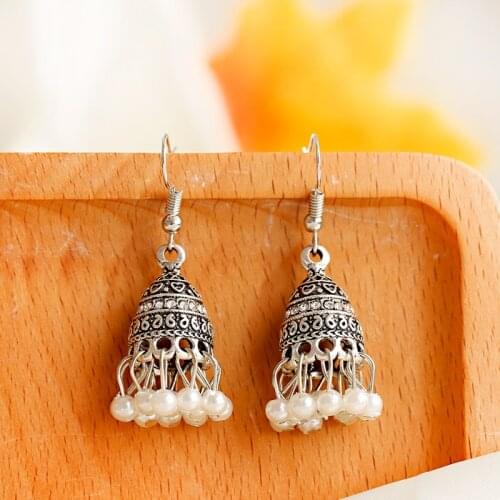 Vintage Ethnic Womens Silver Color Tibetan Indian Jewelry Hippie Summer Bohemia Boho Imitation Pearls Tassel Dangle Earrings